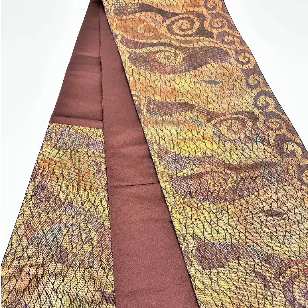 袋帯 紅鬱金色（べにうこんいろ） 幾何学模様 箔 帯丈456cm 正絹 Aランク 六通 カジュアル 茶系 1123005493414