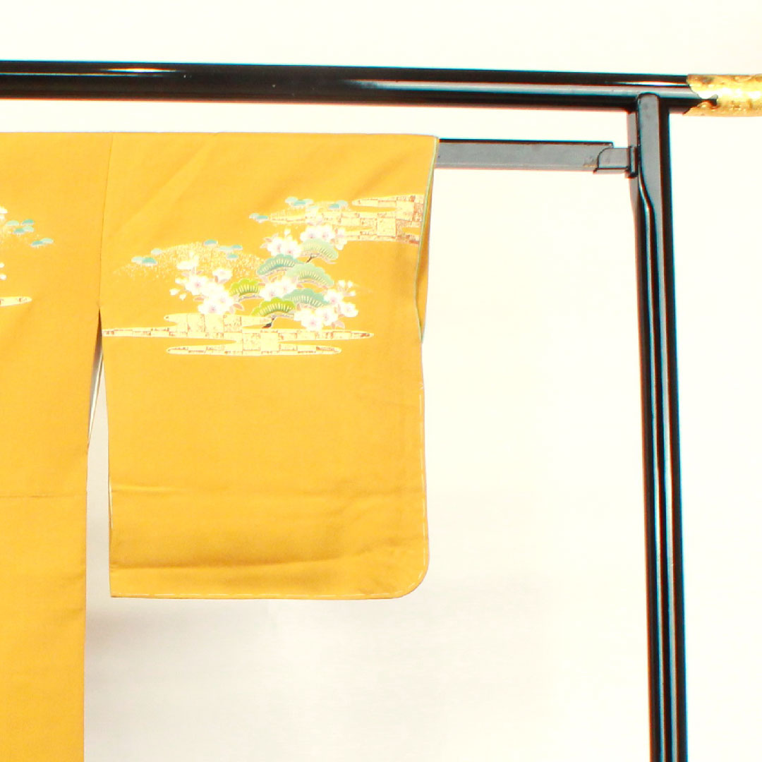 訪問着 袷 身丈158.5cm 裄丈61.5cm 小麦色 京友禅 桜 正絹 Sランク 黄系 1112002212323