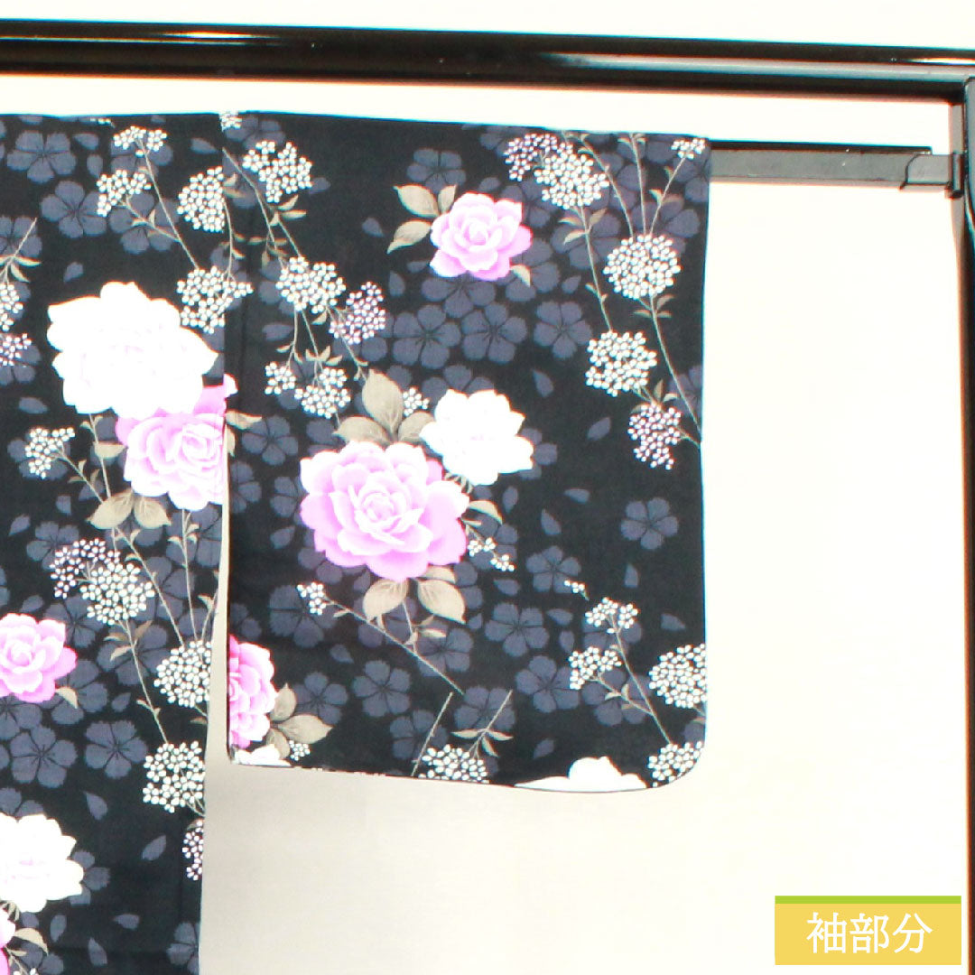 Yukata Cotton Length 159cm Sleeve length 64.5cm B rank Single layer Black Rose Gypsophila Cherry blossom 1118004554310
