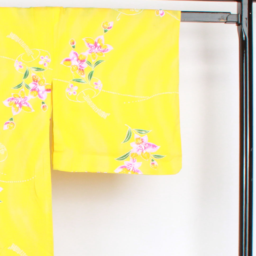 浴衣 向日葵色 風鈴 花模様 木綿 Aランク 単衣 身丈161.5cm 裄丈69cm 黄系 1118001033423