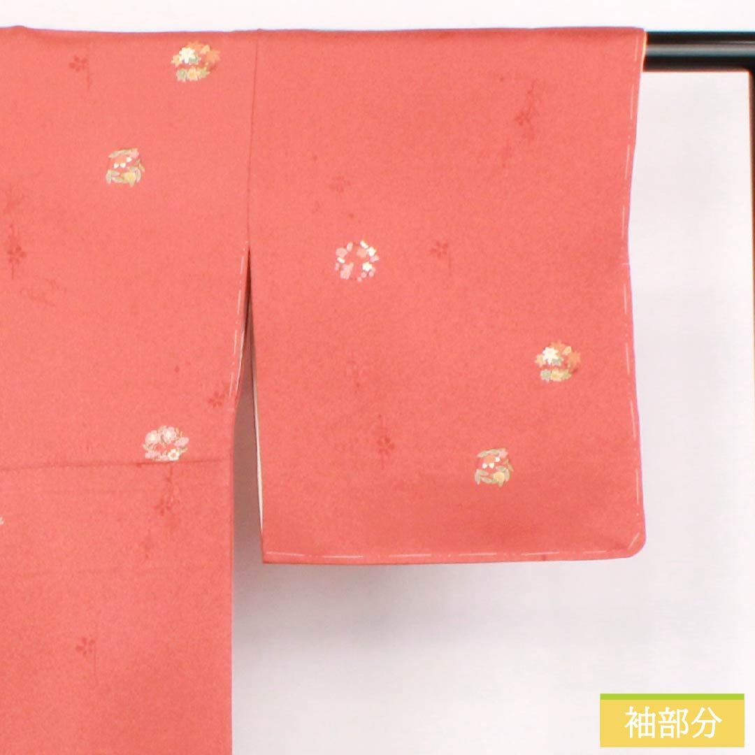 小紋 正絹 身丈163.5cm 裄丈66.5cm 袷 紅唐色（べにとういろ） 型染 花輪 Sランク 朱系 1115006072416