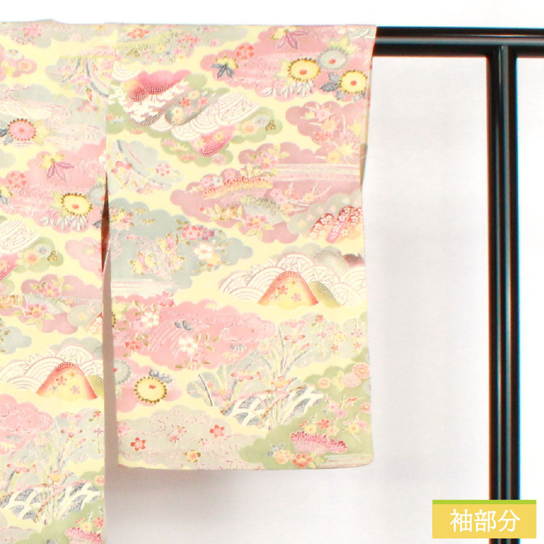Komon silk, A-rank, length 156cm, sleeve length 58cm, single layer, pale yellow (usukihadairo), Kyoto Bingata, Chaya-Tsuji, cloud pattern, auspicious motif, cream-colored, product number 1115007593315