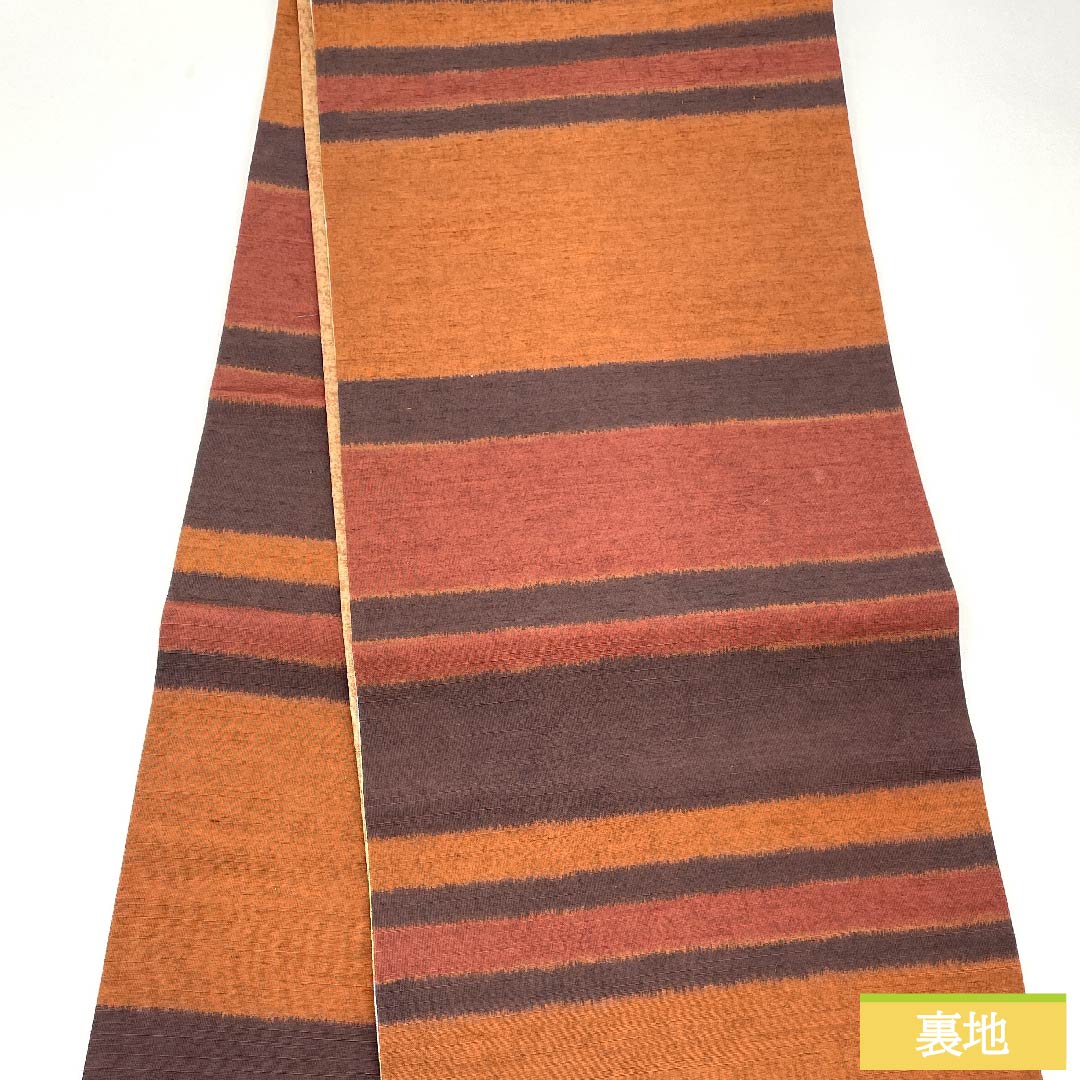 名古屋帯 京袋帯 牛血紅色 京袋帯 横段 唐花 よろけ縞 帯丈374cm 正絹 Sランク 六通 カジュアル 朱系 1124005912316  開き仕立て