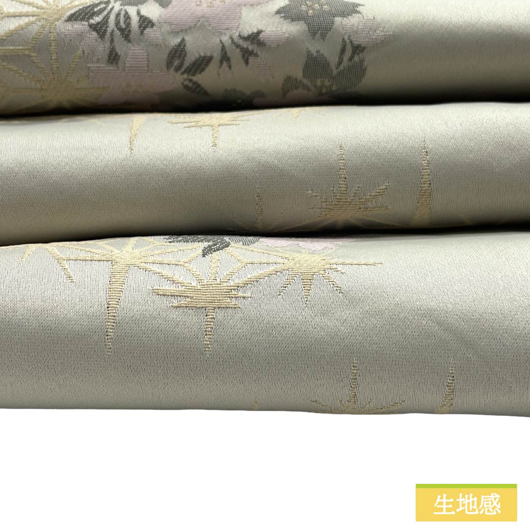 半幅帯 ポリエステル Aランク 絹鼠色（きぬねずいろ） 花 麻の葉模様 リバーシブル 広幅 帯丈400cm グレー系 1125003303422