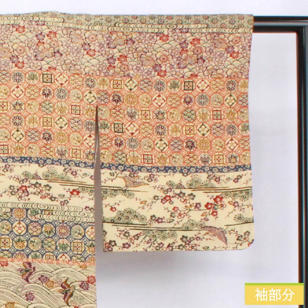 Formal Kimono (Homongi) - Pure Silk - S Rank - Lined - Length 159cm - Sleeve-to-Sleeve 62.5cm - Torinoko-iro (Pale Beige) - Kyoto Bingata - Auspicious Patterns - Chirimen Fabric - With Basting Stitches - Beige - 1112007672325