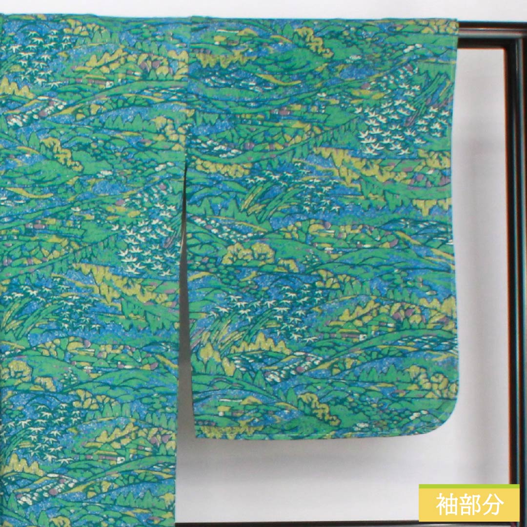 小紋 正絹 身丈164.5cm 裄丈68cm 袷 露草色（つゆくさいろ） 型染 風景絵画調 しあわせガード Sランク 青系 1115005422417
