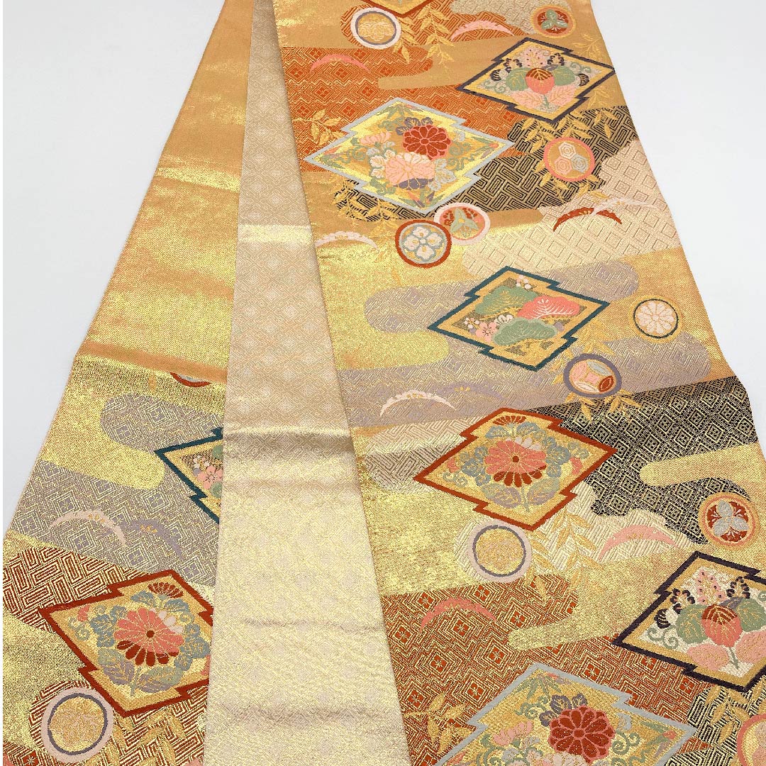 袋帯 金色 吉祥文様 帯丈442cm 正絹 Aランク 六通 フォーマル 金系 1123005443321