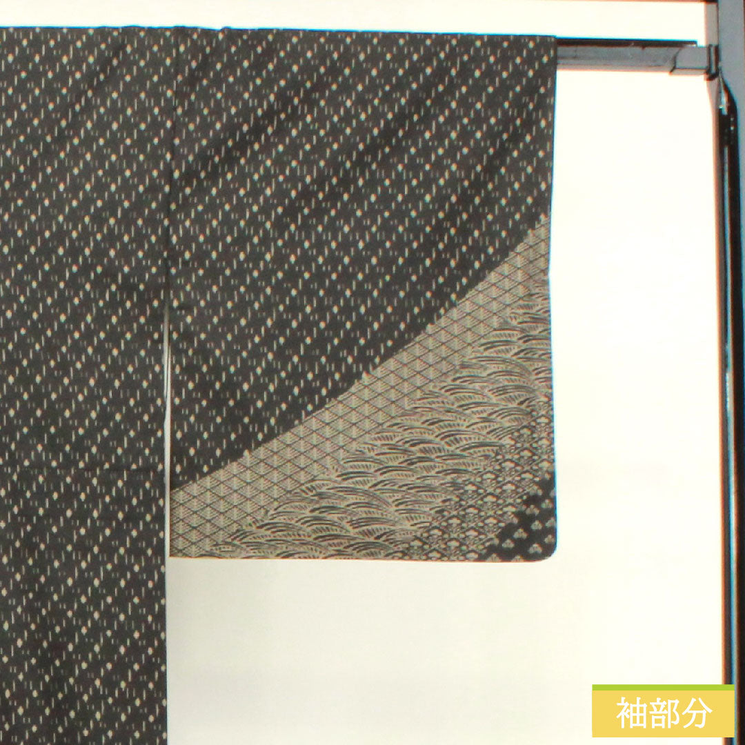 Homongi, pure silk, lined, length 167.5cm, sleeve length 69.5cm, pongee fabric, dyed Oshima, geometric pattern, Kirara Guard, S rank, black, 1112003582510