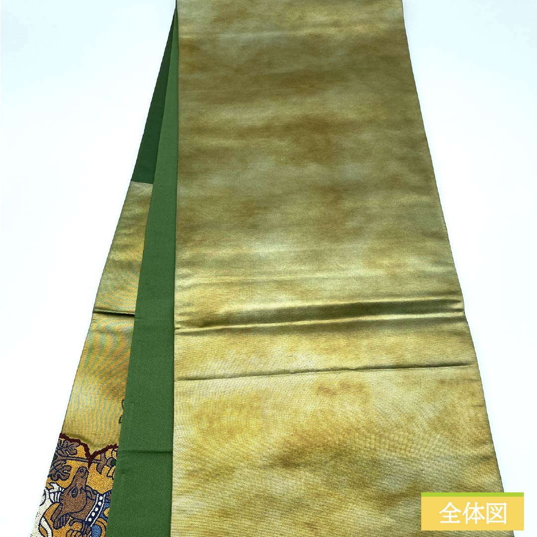 袋帯 正絹 島松鼠色（しままつねずいろ） 相良刺繡 欧風文様 帯丈436cm Sランク ポイント柄 カジュアル 緑系 1123012762319