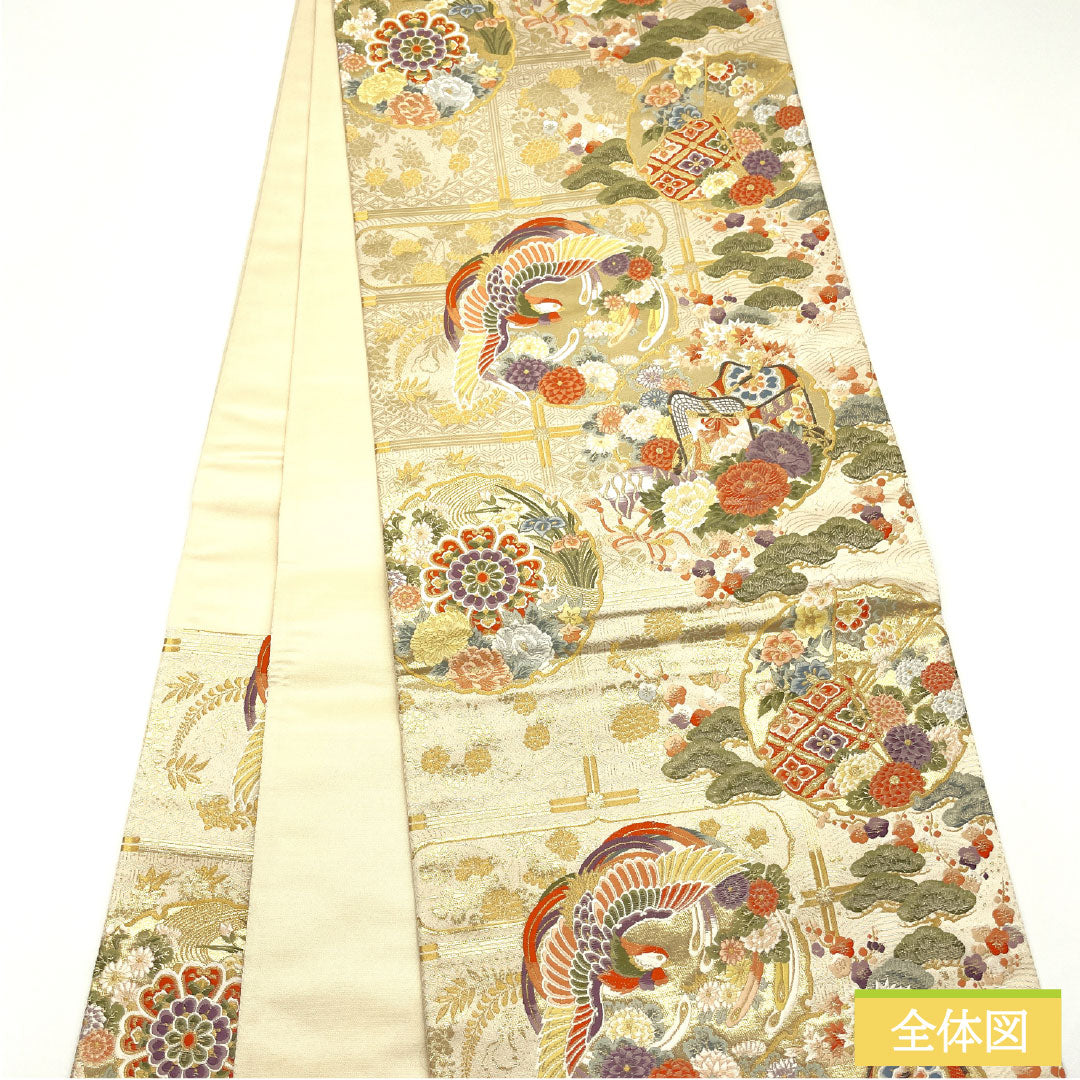 袋帯 正絹 Sランク 鏡裏花鳥文 西陣織 本金二重箔 雪輪 吉祥文様 帯丈436cm 六通 フォーマル 金系 1123016652321