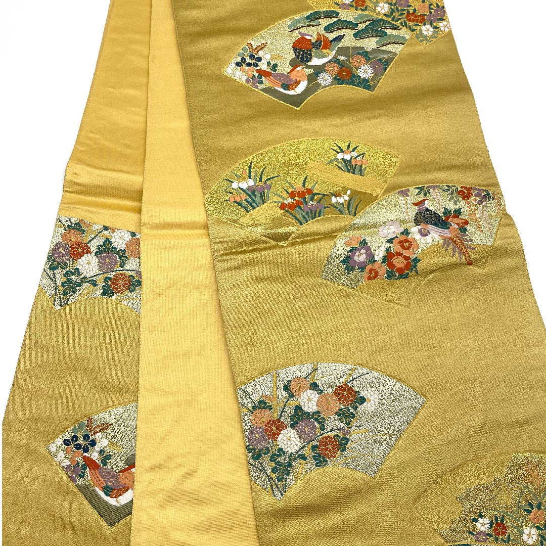 リサイクル着物】袋帯 麦藁色 古典 本金摺箔 二重織 扇面 鴛鴦 菊