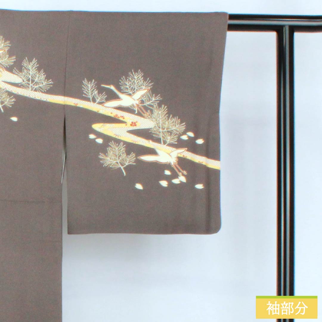 訪問着 正絹 Aランク 袷 身丈152cm 裄丈63.5cm 消炭色（けしずみいろ） 京友禅 一つ紋 陰上り藤 流水 鶴 グレー系 1112007203222