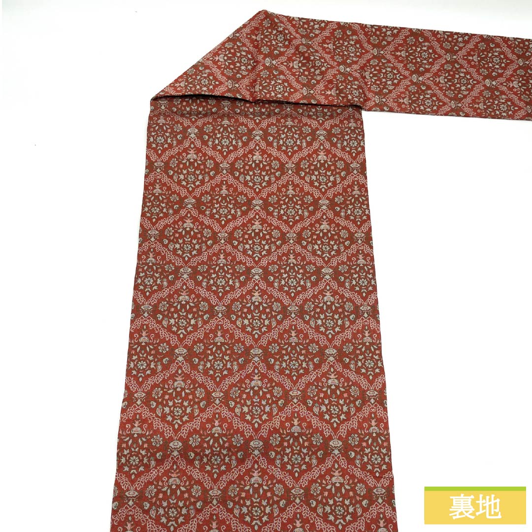 名古屋帯 正絹 Sランク 紅柿色（べにかきいろ） 紹巴織 更紗文様 帯丈330cm 全通 カジュアル 橙系 1124009362326 名古屋仕立て