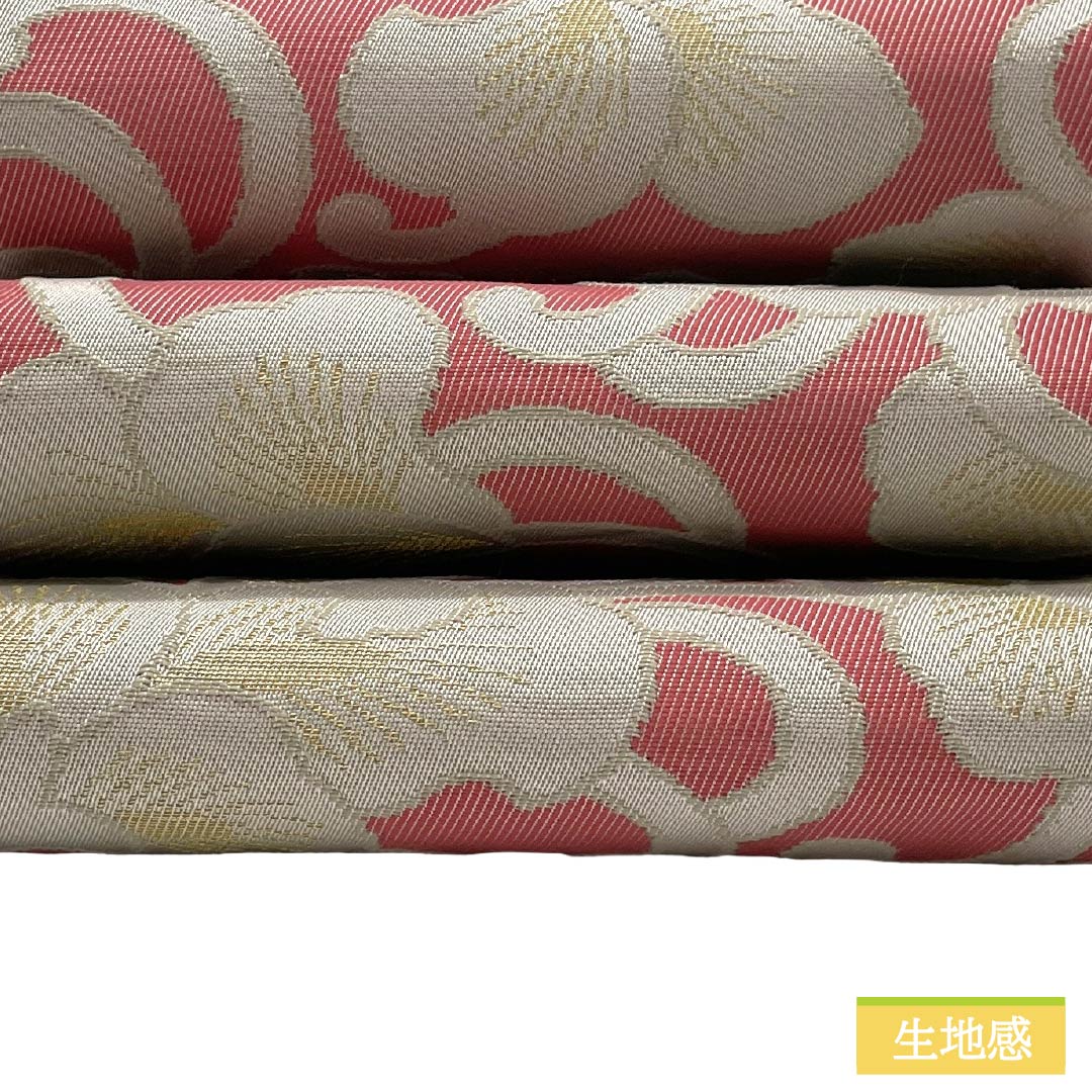 半幅帯 ポリエステル Sランク 中紅花色（なかのくれないいろ） リバーシブル 抽象花模様 葉っぱ模様 帯丈380cm ピンク系 1125004832313