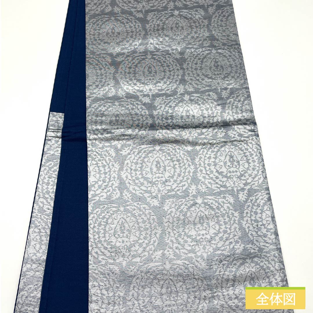 袋帯 正絹 錫色（すずいろ） 幾何学模様 帯丈412cm Sランク 六通 セミフォーマル 銀系 1123012292322