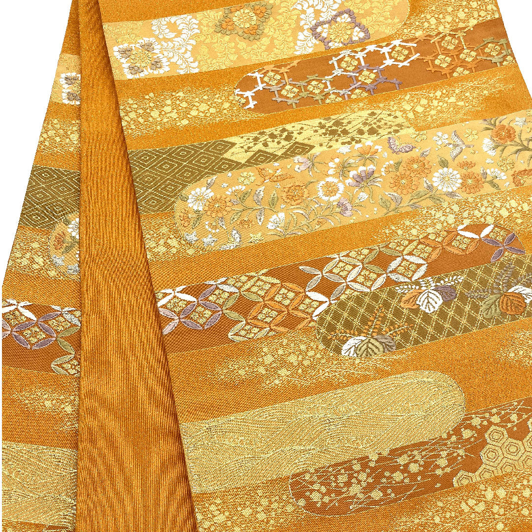 袋帯 小麦色（こむぎいろ） 綴れ地 慶長霞紋 帯丈438cm 正絹 Aランク ポイント柄 フォーマル 朱系 1123005083316