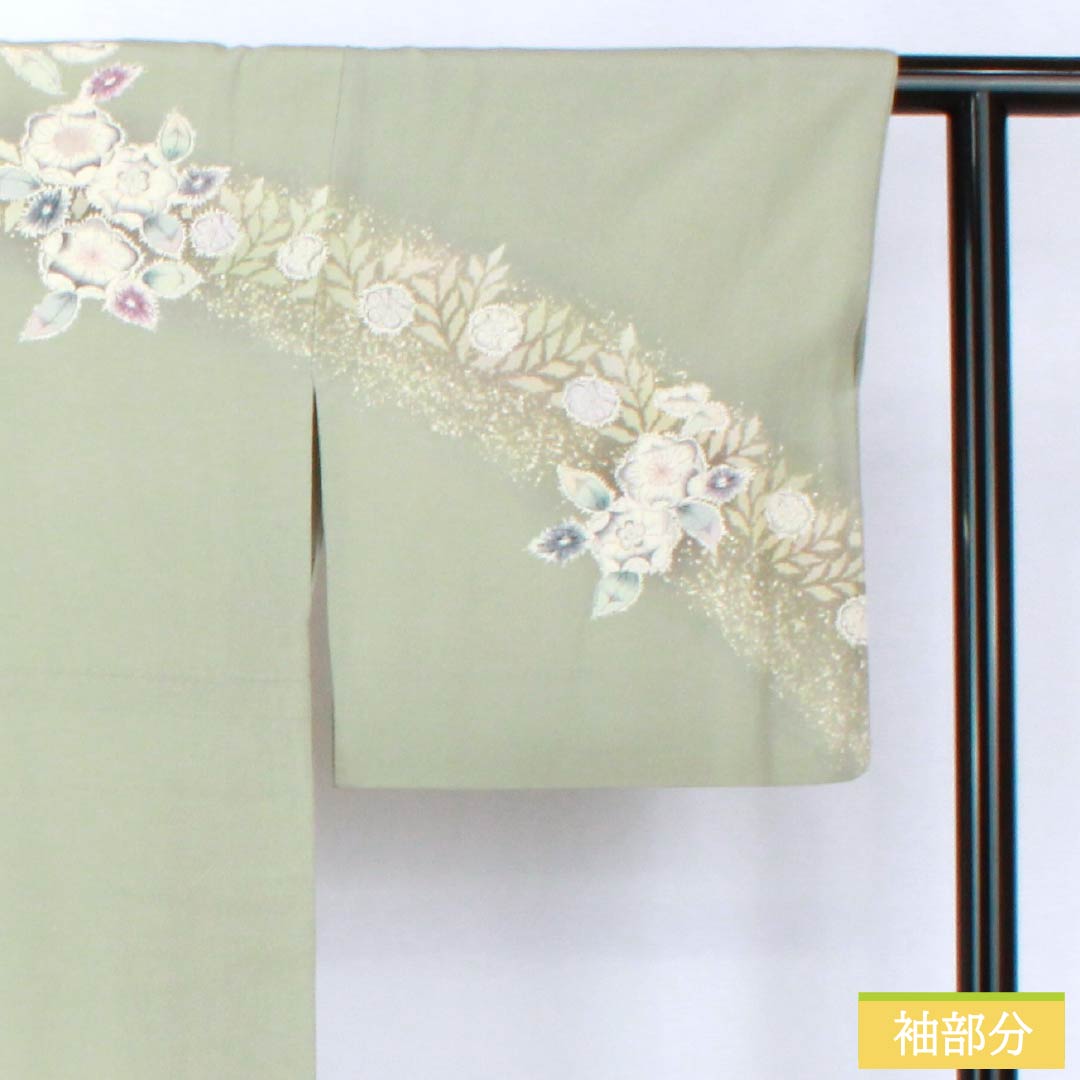 訪問着 正絹 Aランク 袷 身丈163cm 裄丈65.5cm 龍泉青瓷釉色（ロンチュエンチンツーユースーいろ） 京友禅 一つ紋 丸に梅鉢 縫い紋 辻ヶ花 緑系 1112006413419