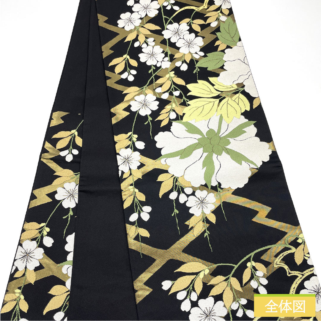 Fukuro obi, pure silk, S rank, Matsubishi, Nishijin-ori, floral, artisan-made, obi length 438cm, rokkutsu, semi-formal, black tones, 1123017372310