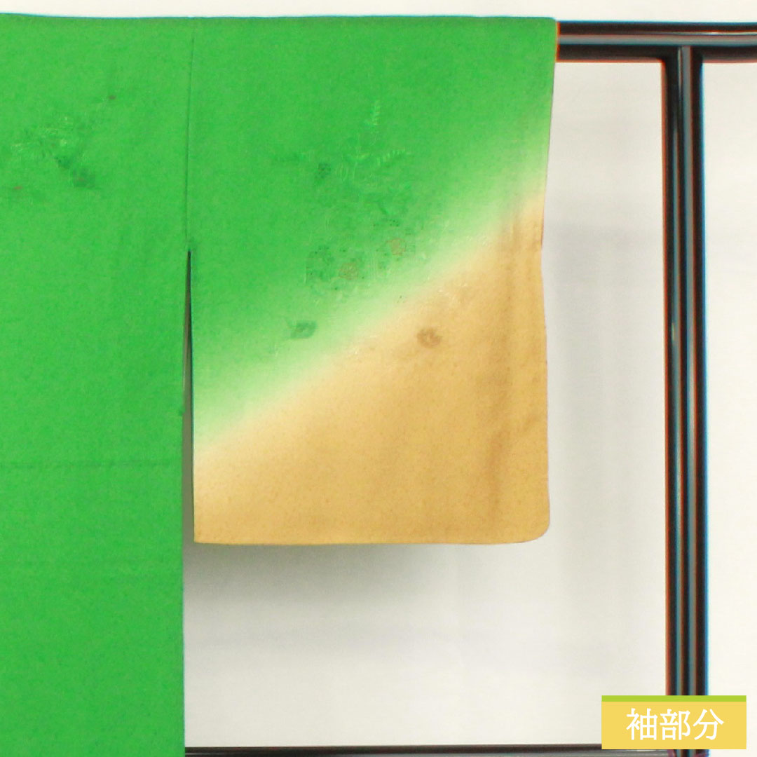 訪問着 正絹 袷 身丈157.5cm 裄丈62.5cm 草緑色（くさみどりいろ） 汕頭刺繡 草花模様 スコッチガード Sランク 緑系 1112004992319