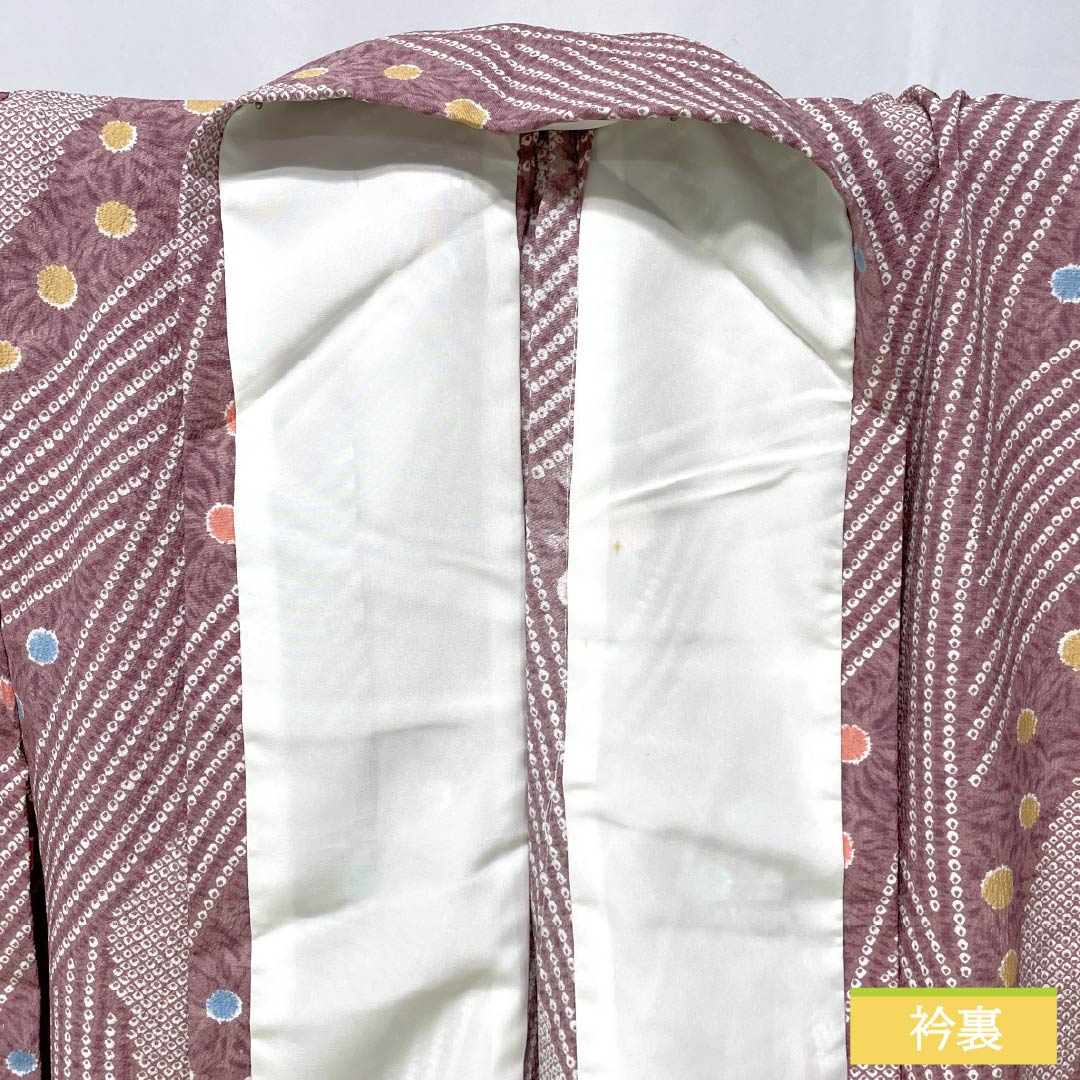 小紋 ポリエステル Aランク 身丈159.5cm 裄丈65cm 単衣 積紅色（せきこういろ） 洗える着物 染め疋田 抽象模様 紫系 1115008113320