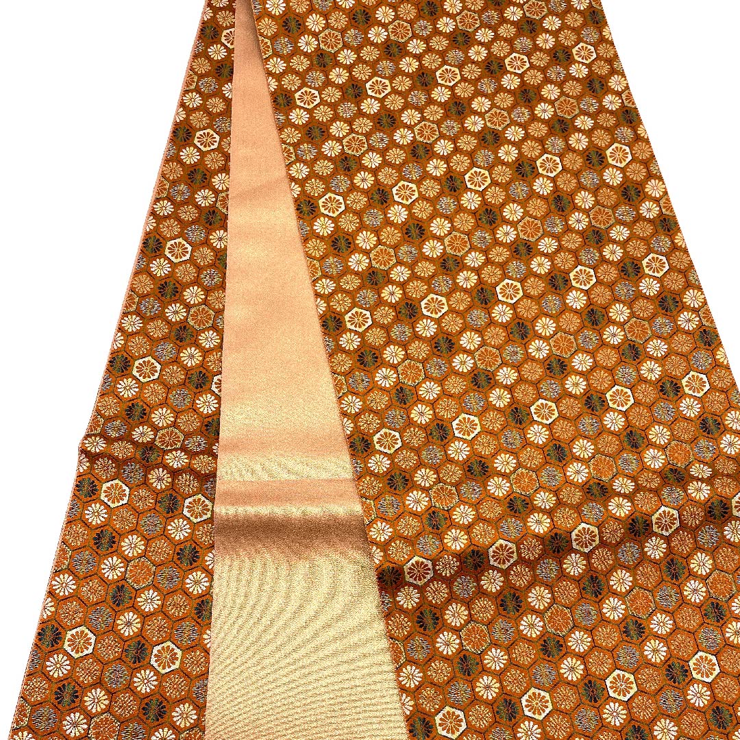 （未仕立）袋帯 赭色（そおいろ） 亀甲 菊 帯丈464cm 正絹 Aランク 全通 セミフォーマル 茶系 1123006573414