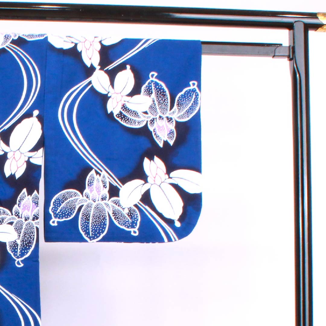 浴衣 紺桔梗色 菖蒲 木綿 Sランク 単衣 身丈147cm 裄丈64cm 青系 1118004302117