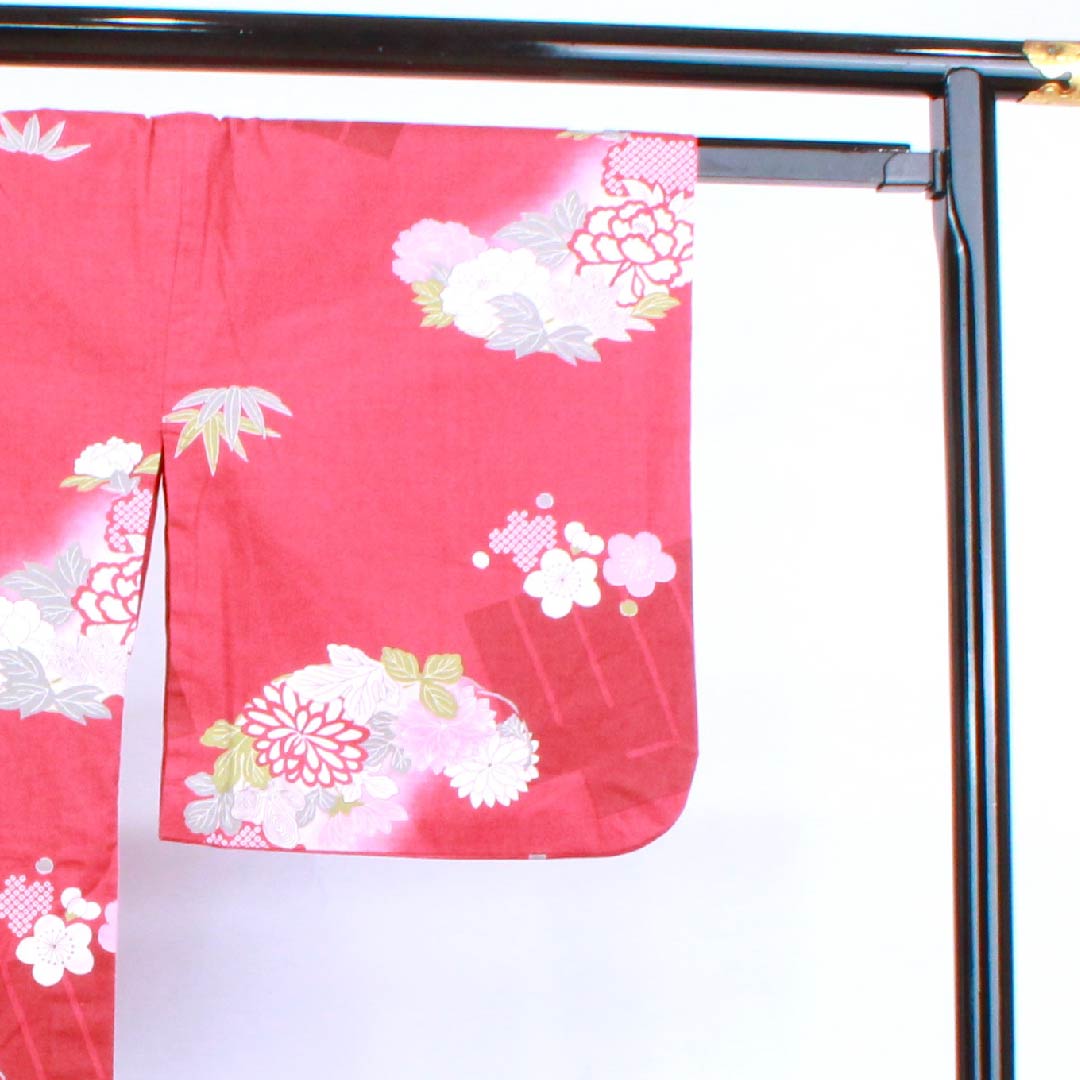浴衣 蘇芳色 梅 牡丹 菊 木綿 Sランク 単衣 身丈163.5cm 裄丈67cm 朱系 1118004242416