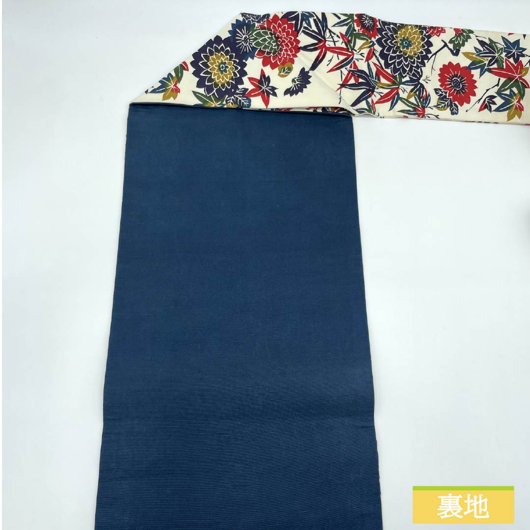 名古屋帯 生成り色（きなりいろ） 型染 菊 紅葉 帯丈352cm 木綿 Sランク 全通 カジュアル クリーム系 1124008062315 名古屋仕立て