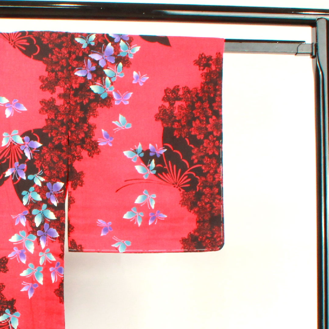 浴衣 しつけ糸付き 未使用品 紅絹色 桜 蝶 木綿 Sランク 単衣 身丈162.5cm 裄丈63.5cm 赤系 1118003662412