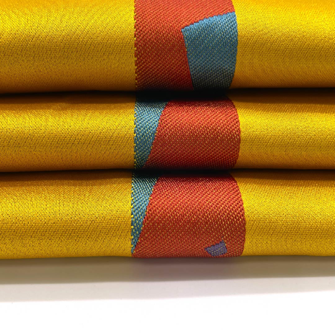 半幅帯 ポリエステル 濃卵色（こいたまごいろ） 幾何学模様 帯丈350cm 黄系 Aランク 1125001703323