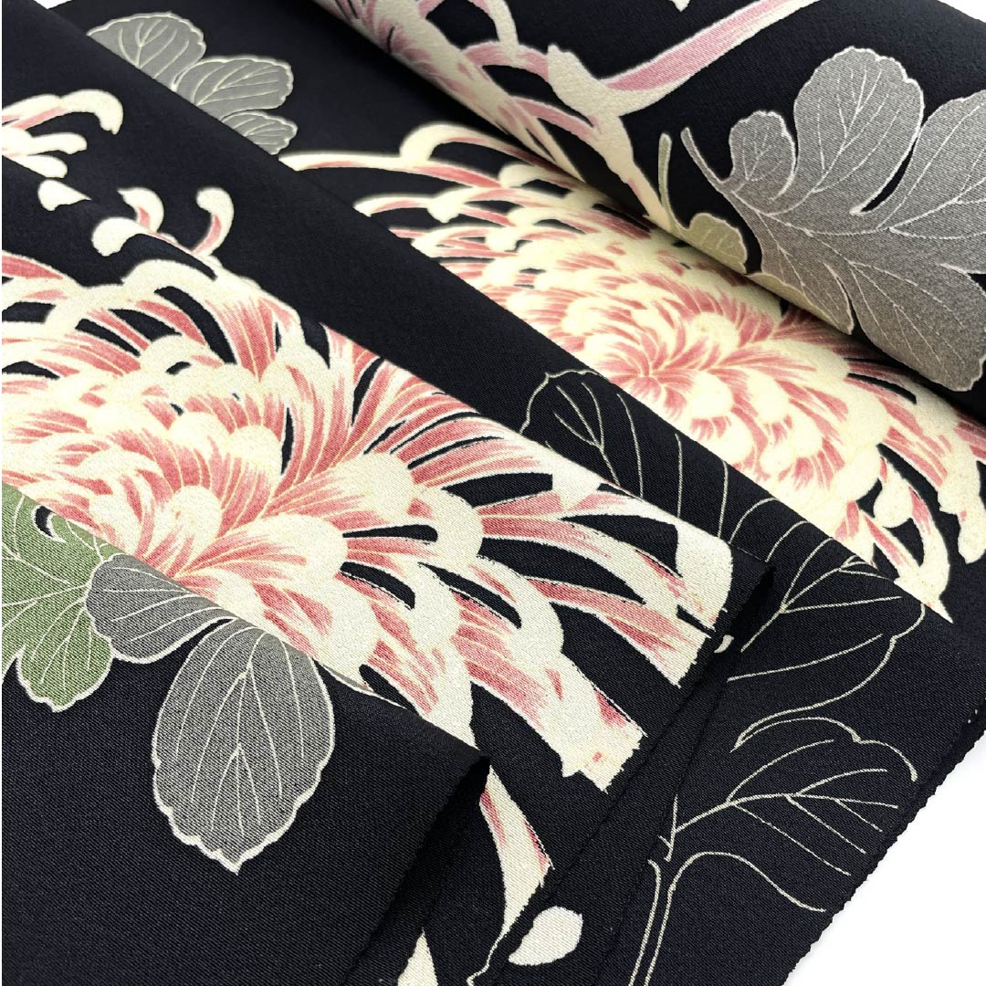 反物 小紋 正絹 黒色（くろいろ） 丹後ちりめん 糸菊 花柄 NEWランク 黒系 1130001021910