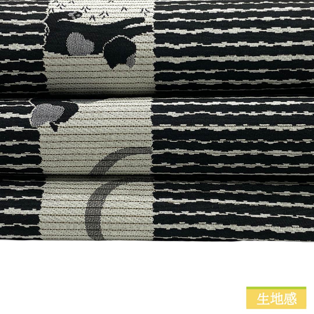 【未仕立】半幅帯 ポリエステル Sランク 黒色（くろいろ） 練色（ねりいろ） リバーシブル 猫 霞模様 帯丈408cm マルチカラー 1125004702428
