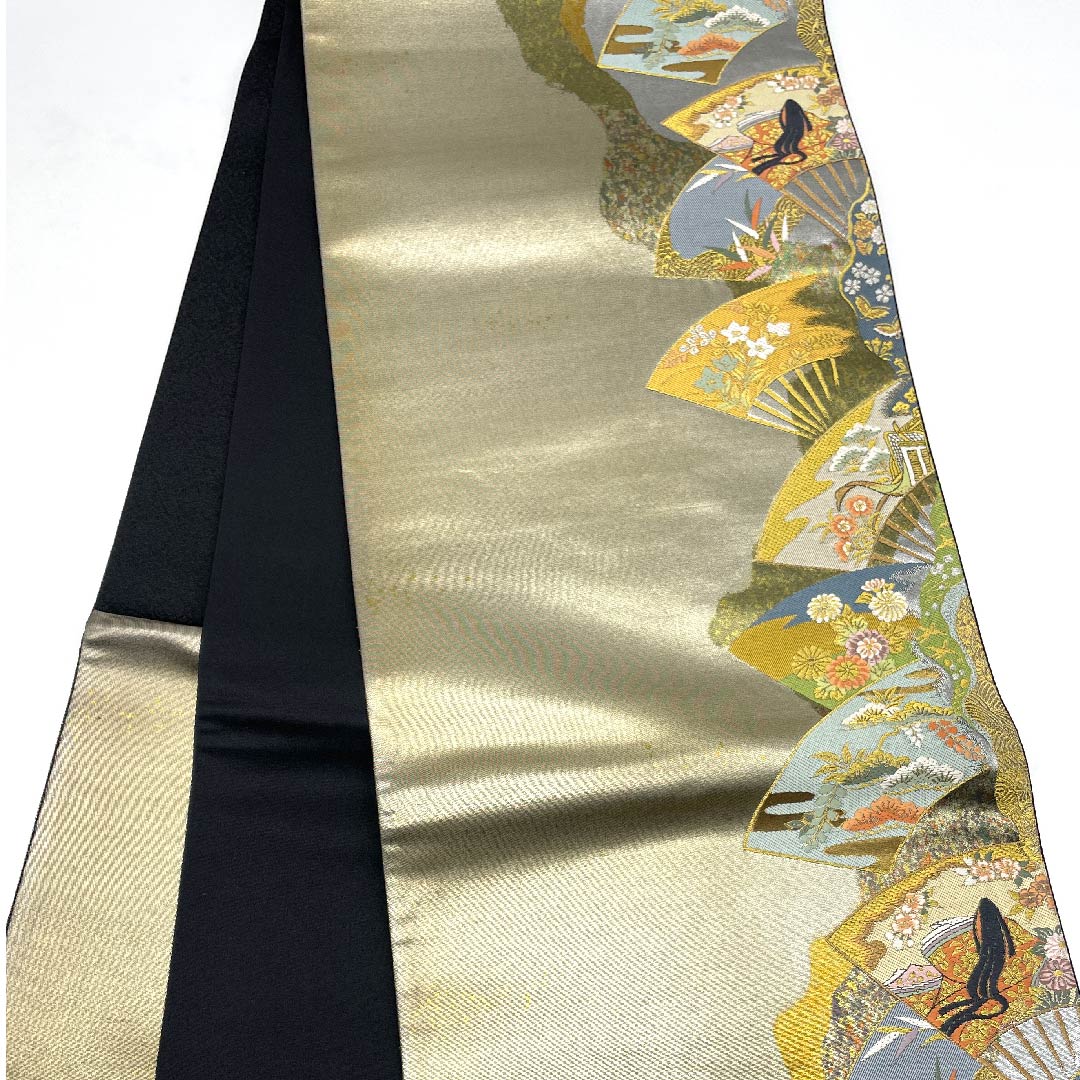 （未仕立）袋帯 紀州茶色（きしゅうちゃいろ） 紫式部 扇 一蔵 帯丈462cm 正絹 Aランク 六通 フォーマル グレー系 1123007943422