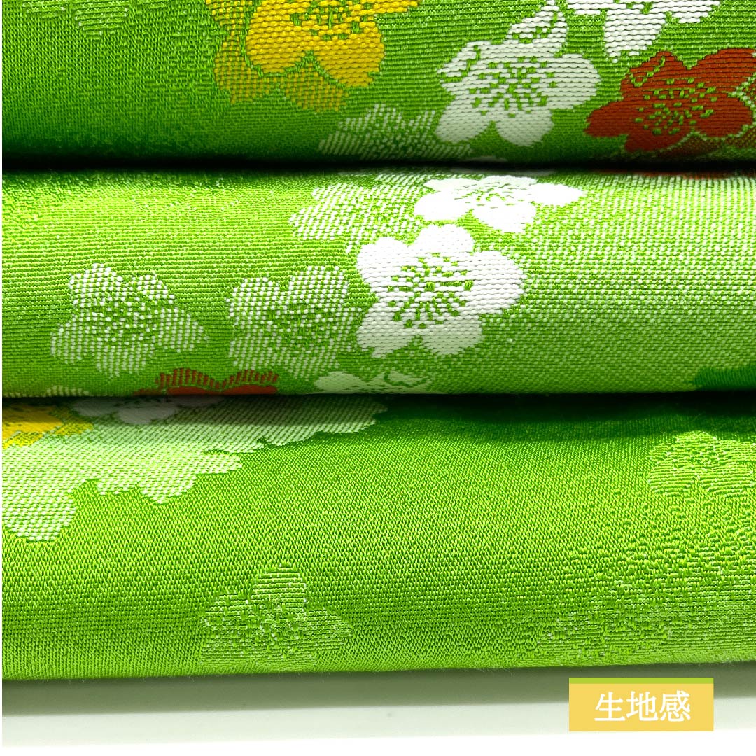 （未仕立）半幅帯 ポリエステル 萌黄色（もえぎいろ） 花柄 小桜 リバーシブル 古典柄 帯丈342cm 緑系 Sランク 1125000922319