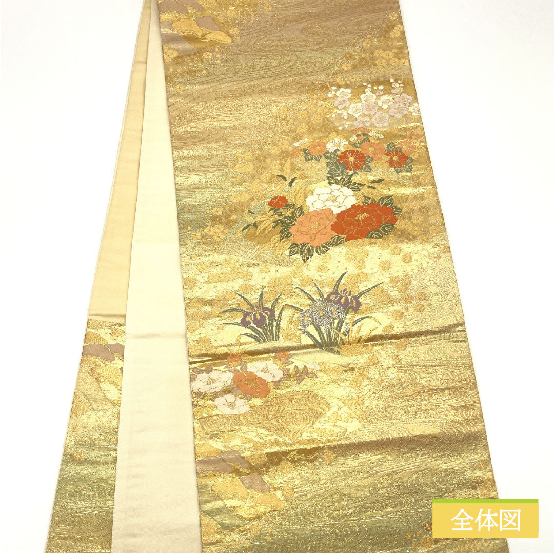 袋帯 正絹 Aランク 西陣織 扇面 花模様 留袖用  帯丈430cm 六通 フォーマル 金系 1123016493321