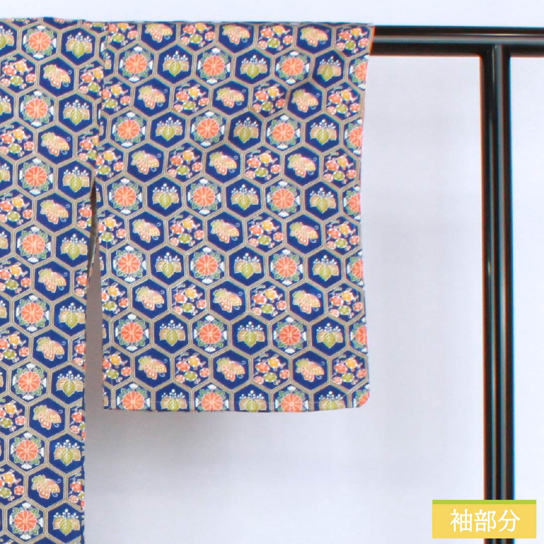 小紋 ポリエステル Sランク 身丈163cm 裄丈64.5cm 袷 紺瑠璃色（こんるりいろ） 亀甲 小花 梅 蝶 紺系 1115007302418