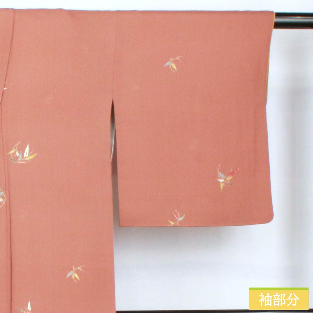 小紋 正絹 身丈163.5cm 裄丈66cm 袷 鴇浅葱色（ときあさぎいろ） 京友禅 笹の葉 パールトーン加工 Sランク 茶系 1115005742414