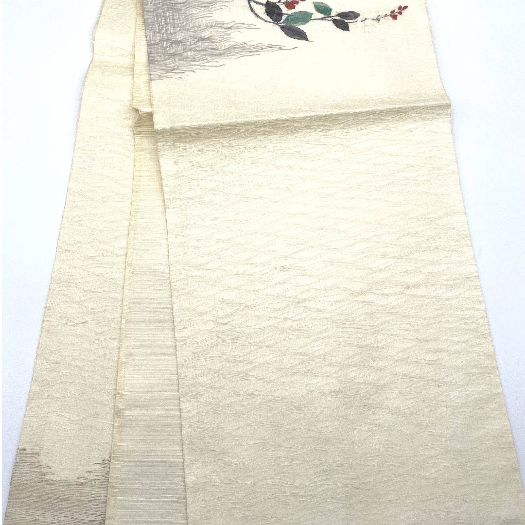 袋帯 生成り色（きなりいろ） 夏帯 草花模様 夏物 帯丈442cm 正絹 Aランク ポイント柄 カジュアル クリーム系 1123007753315