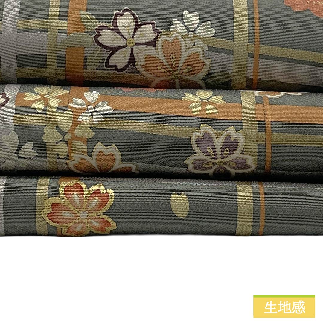 半幅帯 正絹 Sランク 鈍色（にびいろ） 変わり市松 桜 リバーシブル 帯丈367cm グレー系 1125003952322