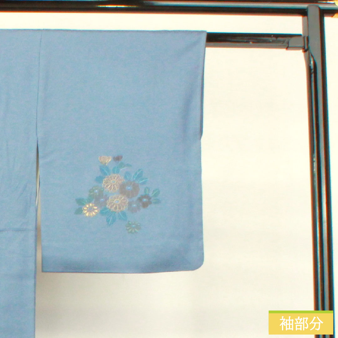 訪問着 正絹 袷 身丈158cm 裄丈63cm 薄花色（うすはないろ） 刺繍 草花模様 Aランク 青系 1112004693317