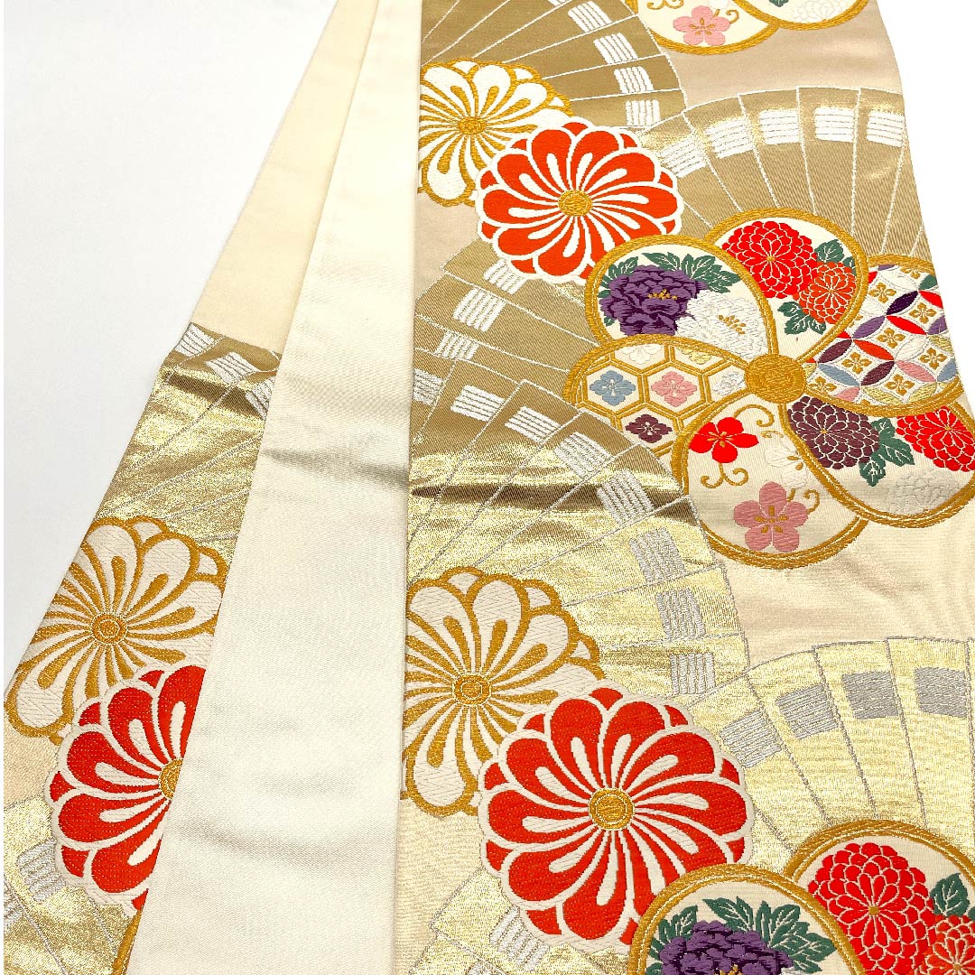 袋帯 生成り色（きなりいろ） 古典梅 吉祥文様 扇面 帯丈442cm 正絹 Sランク 六通 フォーマル クリーム系 1123002762315