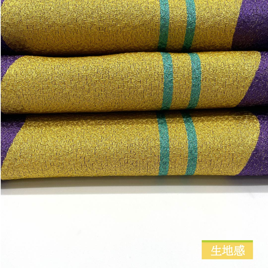 （未仕立）半幅帯 ポリエステル 黄櫨色（はじいろ） 幾何学模様 波 帯丈340cm 黄系 Aランク 1125000883323