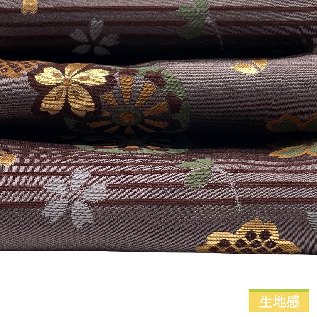 半幅帯 ポリエステル Sランク 小豆鼠色（あずきねずいろ） 古典柄 桜 縞 リバーシブル 長尺 帯丈443cm 茶系 1125003212414
