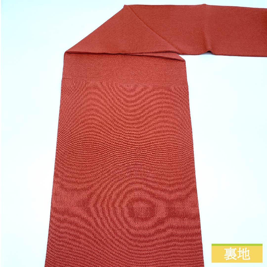 名古屋帯 正絹 似紅色（にせべにいろ） 扇 花 ちりめん 帯丈369cm Sランク ポイント柄 カジュアル 赤系 1124006402312 名古屋仕立て