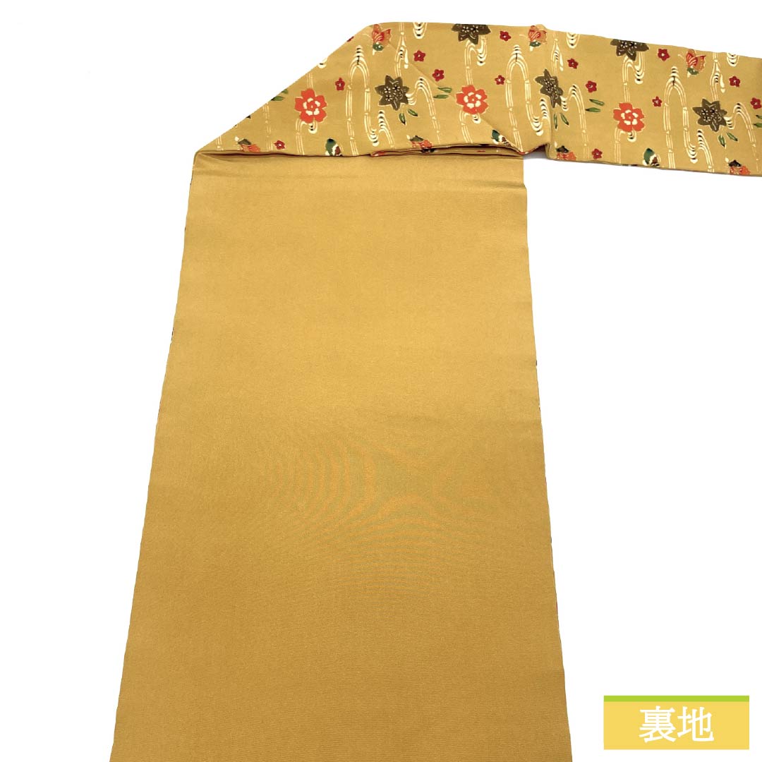 名古屋帯 土布色（トウプースーいろ） 京紅型 蝶 紅葉 帯丈352cm 正絹 Aランク 六通 カジュアル 黄系 1124006563323 名古屋仕立て