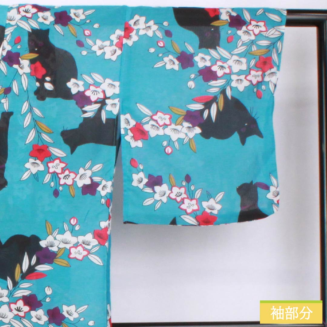 （新品未使用品） 浴衣 ポリエステル 身丈167cm 裄丈65cm NEWランク 単衣 青系 花浅葱色（はなあさぎいろ） 黒猫 桔梗 1118005731517