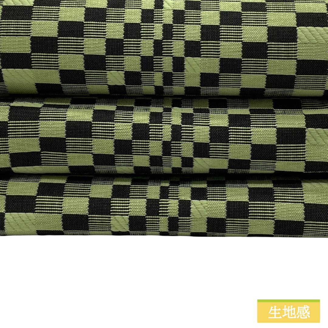 （新品）半幅帯 ポリエステル NEWランク 浅藍色（あさきあいいろ） 錆納戸色（さびなんどいろ） 変わり市松 縞 帯丈374cm 緑系 1125006021319