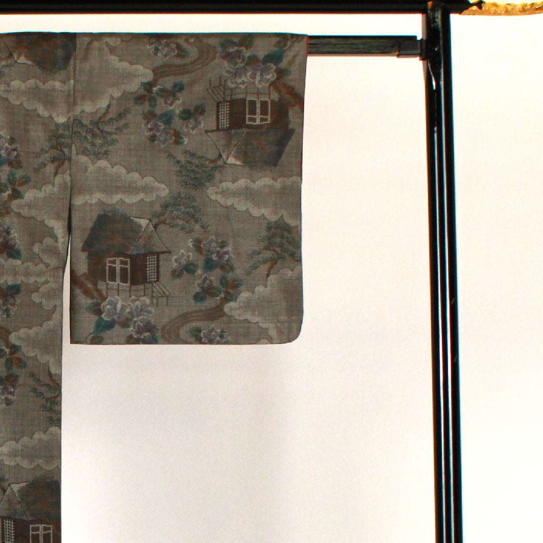 Oshima Tsumugi, Length 161cm, Sleeve length 64cm, Warp and weft ikat, Landscape pattern, Pure silk, S rank, Awase, Brown, 1116001232414