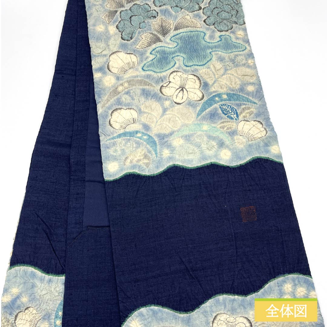 Nagoya obi, white and deep blue, tie-dyed, by an artist, Tsujigahana, obi length 360cm, pure silk, rank S, point pattern, casual, light blue, 1124007032324, open style