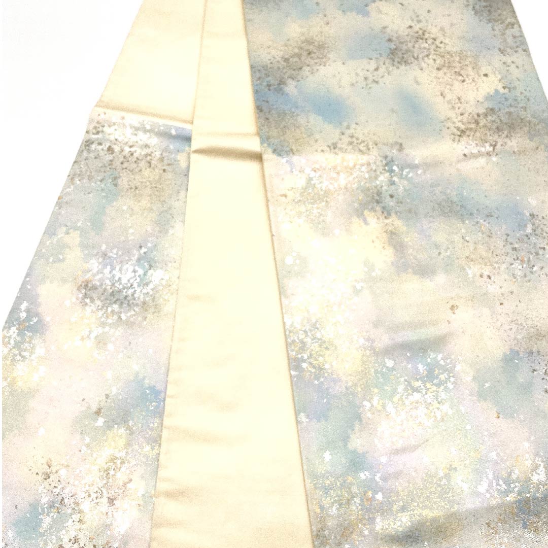 袋帯 青白磁色（せいはくじいろ） 引箔 幾何学模様 帯丈432cm 正絹 Aランク 六通 フォーマル 青系 1123002943317